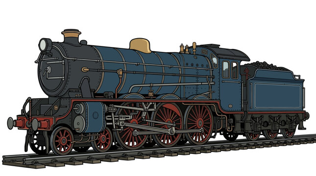 Detailed illustration of a classic blue steam engine on railway tracks.