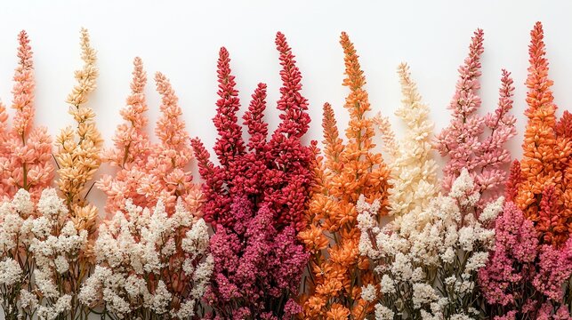 Colorful flower arrangement in gradient hues, meticulously arranged on a white background