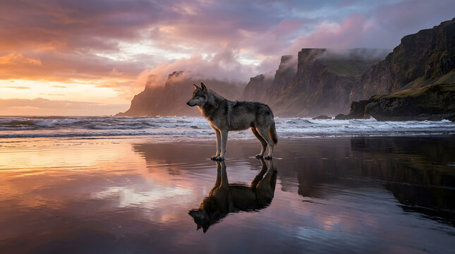 Lone wolf standing on a beach at sunset