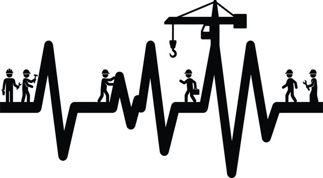 Worker silhouette building bridge structural heartbeat pulse waveform