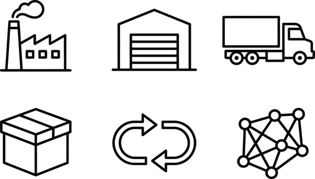 Factory line icon set for warehouse supply chain management network