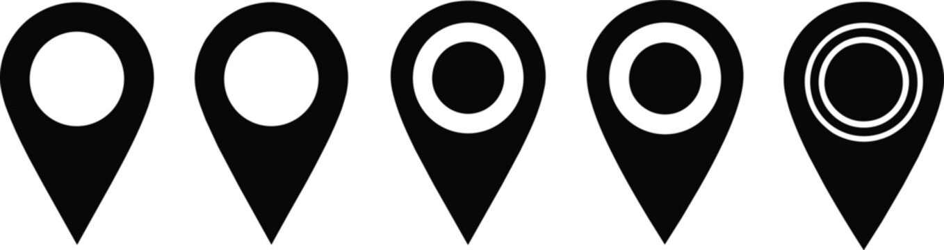Black map pin icons, location pointer symbols, GPS navigation signs, flat web design elements, place marker silhouettes, destination tracking indicators, travel map graphics, coordinate point markers.