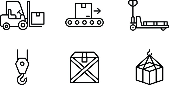Forklift line icon set for warehouse material handling and freight logistics