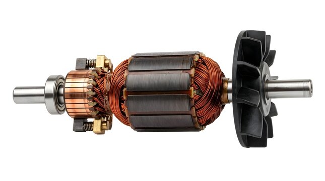 Electric motor rotor assembly with copper windings and cooling fan blade.