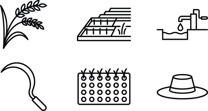 Rice cultivation line icon set for paddy agriculture and grain farmingt