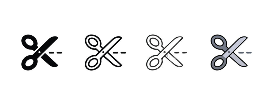 scissor icons in a row with dashed cutting lines through blades  various scissor designs and styles