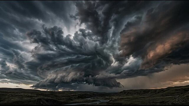 Massive supercell storm clouds over landscape.
