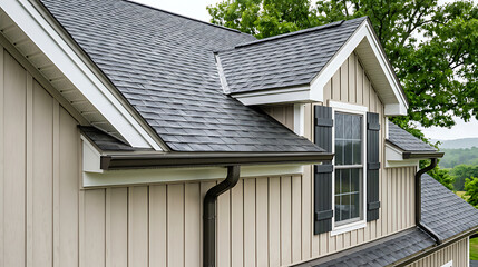 Fototapeta premium Modern suburban house exterior with beige siding black shutters and a grey shingled roof in a lush green environment