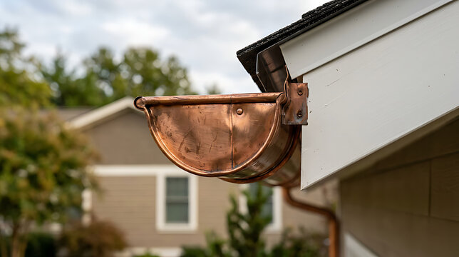 Close-up of copper rain gutter attached to house roof with blurred background
