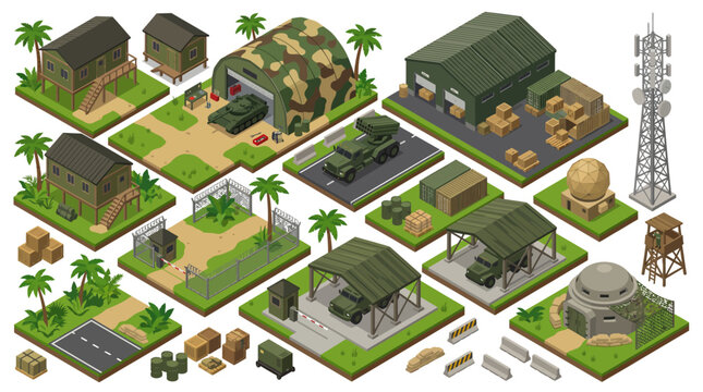 Isometric tropical military base and jungle army camp vector icon set including military vehicles, tank hangar, bunker, radar tower, barracks, and logistics warehouse