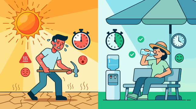 Vector illustration comparing extreme heat exhaustion with cool shade and hydration. Shows a sweating worker and a relaxed person under an umbrella. Ideal for health safety awareness.