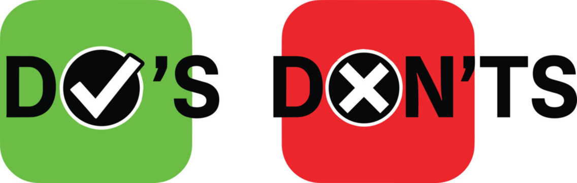 Dos and don'ts icons, check mark and cross symbols, right and wrong signs, green and red choice buttons, guidelines, rules, tips, advice, isolated.