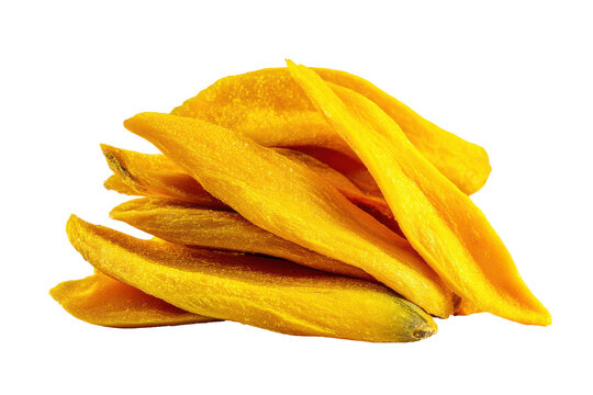 Golden mango slices pile neatly isolated on transparent background.