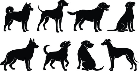 Dog silhouettes, domestic pet icons, labrador retriever shapes, german shepherd poses, husky and greyhound figures, canine wildlife elements, animal nature graphics. © MdJafrul