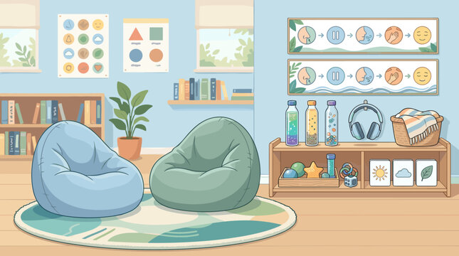 A cozy, illustrated calm down corner for children with bean bag chairs, sensory toys, and breathing visual guides. Ideal for school counseling, mental health education, and therapy.