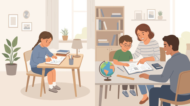 Cute illustration of parents homeschooling their children at home. A girl draws while a boy studies with mom and dad. Perfect for education, family values, and e-learning concepts.