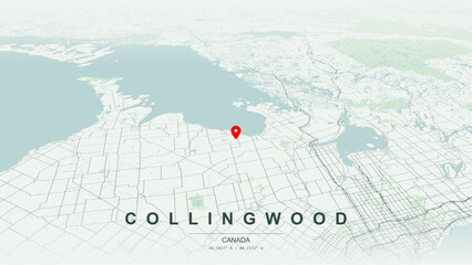 Modern minimalist vector map of Collingwood, Ontario. High-quality scalable illustration of Collingwood geographic boundaries, Nottawasaga Bay and Georgian Bay shoreline networks for posters design. © AliRza