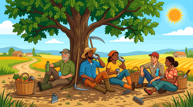 Diverse group of farmers resting, drinking water, and relaxing under a large tree on a sunny summer day, surrounded by baskets of harvested crops and farm tools on a field.