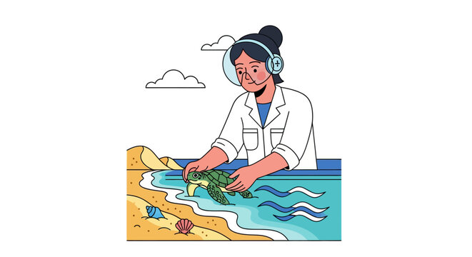 A dedicated scientist or conservationist releases a rescued sea turtle back into its natural ocean habitat from a sandy beach.