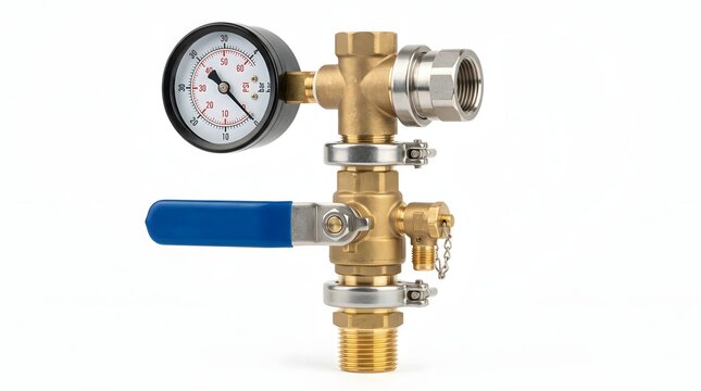 Industrial pressure control assembly with gauge and valve for gas systems.