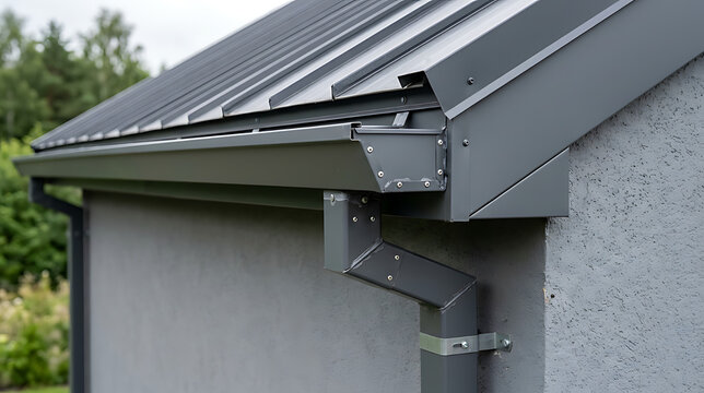Modern gray metal roofing system with rainwater drainage components on building exterior