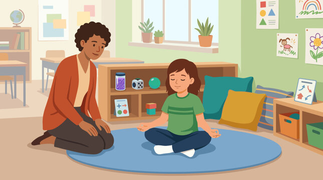 A gentle teacher observes a young girl meditating in a colorful classroom. A calming scene promoting mindfulness, mental health, and education for children in a supportive environment.