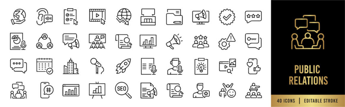 Public Relations Line Icon Set. Media, Press, News, Brand, and Ads. 40 Editable Stroke Vectors for Corporate UI.