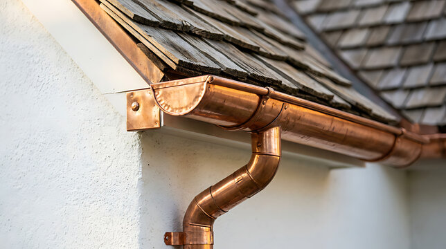Close-up of a copper rain gutter system mounted on a textured white wall beneath a shingled roof