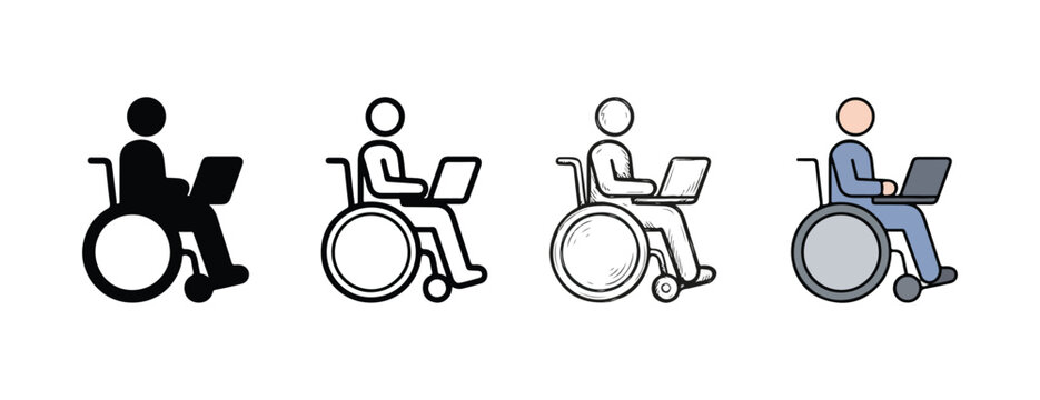 People in wheelchair with laptop computer working or studying accessibility symbol icons