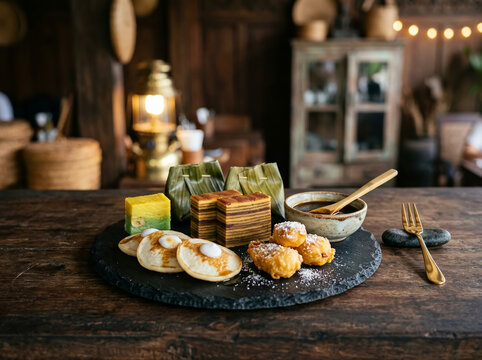 Traditional Indonesian Dessert Platter with Layered Cakes and Snacks