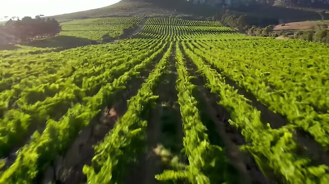 A sweeping aerial view of lush green vineyard rows leading towards a mountain.