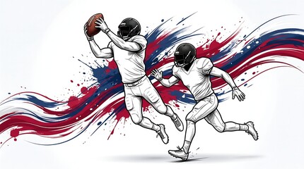Obraz premium American football players in action with artistic ink brush stroke effect on white background