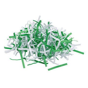 Green and white shredded paper strips pile