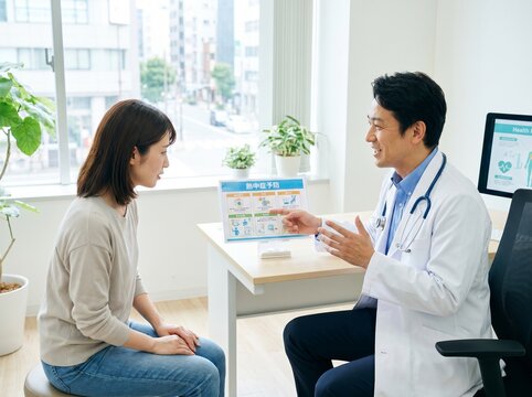 女性に資料を見せながら説明する医師