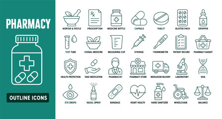 Fototapeta premium Pharmacy outline icons set featuring medical elements like medicine bottle, prescription, capsule, syringe, pharmacist, and laboratory equipment for healthcare design