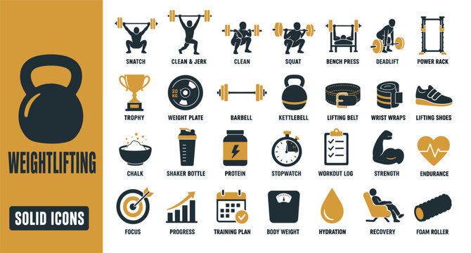 Weightlifting solid icons set featuring fitness equipment, powerlifting exercises, gym gear, and training progress symbols in black and gold colors