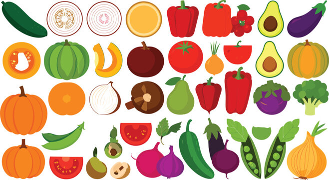 Fresh Vegetable Vector Icon Set with Pumpkin Pepper Tomato Onion Broccoli Avocado and Whole Slices for Healthy Food Menu Recipes and Grocery Designs