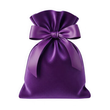 Purple satin gift bag with a bow on transparent background