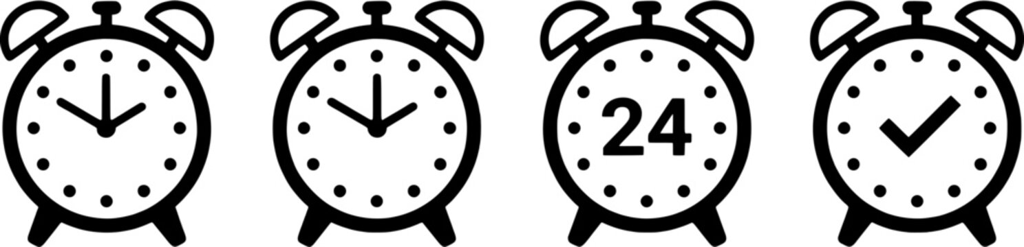 Alarm clock icon set in a minimalist line art style including standard time, 24 hour service and checkmark completion symbols.