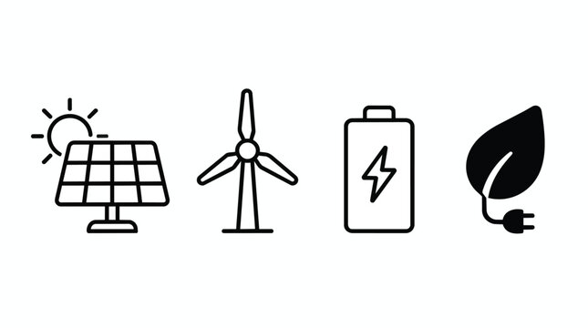 Renewable energy icons and symbols for sustainable power, eco friendly resource and green technology. Solar panel, wind turbine and battery storage for clean electricity, environment conservation.