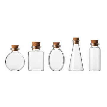 set of empty glass bottles with cork stoppers