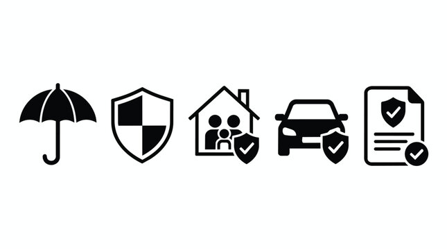 Insurance services icons and security protection symbols for house, car and family health. Commercial safety policy with shield, umbrella and document for financial planning and coverage assets.