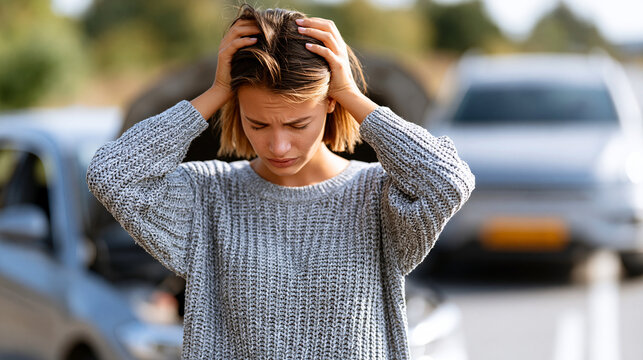 Faceless attractive woman in front of broken down car with open hood reacting emotionally to overheated engine on roadside, car trouble concept, automotive photography, blurred