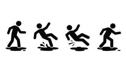 Obraz premium Wet floor slip, hazard warning and safety icon set for accident prevention, workplace health and personal injury protection. Falling person, puddle risk and security sign with stick figure symbols.