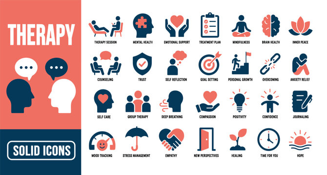 Mental health and therapy solid icons set representing counseling, emotional support, mindfulness, and psychological wellness concepts