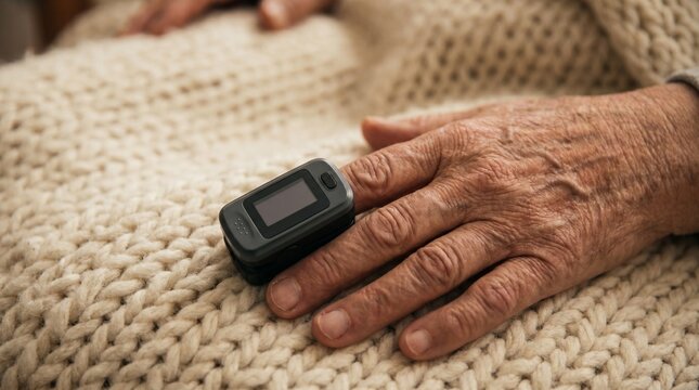 Senior persons hand with a pulse oximeter resting on a knitted blanket