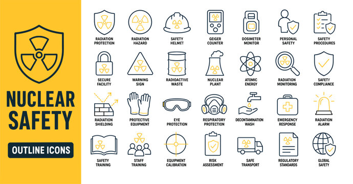Nuclear safety outline icons set featuring radiation protection symbols, warning signs, protective equipment, and atomic energy hazard concepts