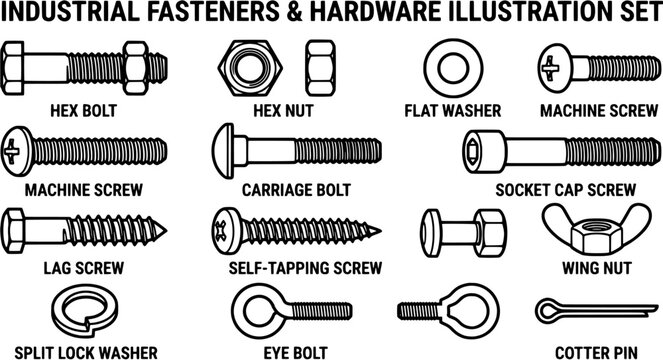 Industrial fasteners and hardware icon set including hex bolt, nut, flat washer, machine screw, carriage bolt, socket cap, lag screw, wing nut and cotter pin.