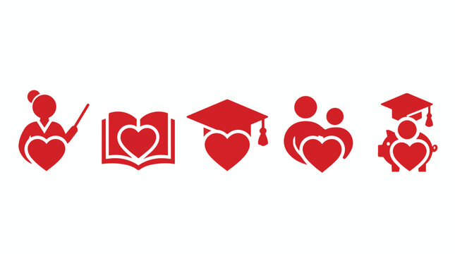 Education heart icons and school symbols for learning, teaching and academic success. Teacher, student and graduation cap with mortarboard, book and piggy bank for university scholarship fund and cha