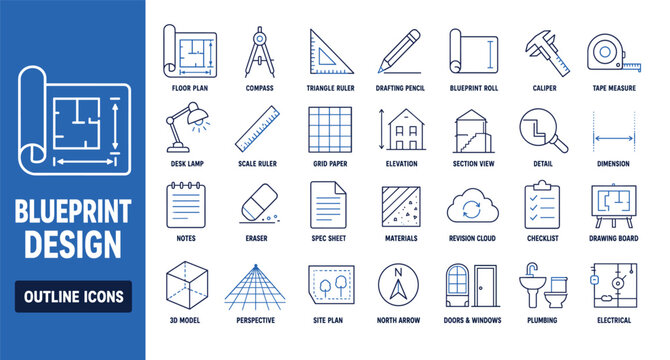 Blueprint design outline icons set featuring architectural drafting tools, floor plan symbols, construction engineering instruments, and building planning elements